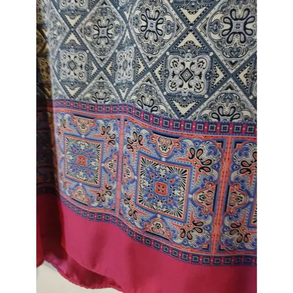 ZARA Basic Size XXL Pink Blue Batik Moroccan Boxy Geometric V-Neck Blouse Top - Picture 3 of 5